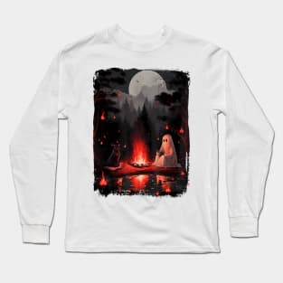 Black Cat And Ghost Sitting On Bench Halloween Dark Gothic Long Sleeve T-Shirt